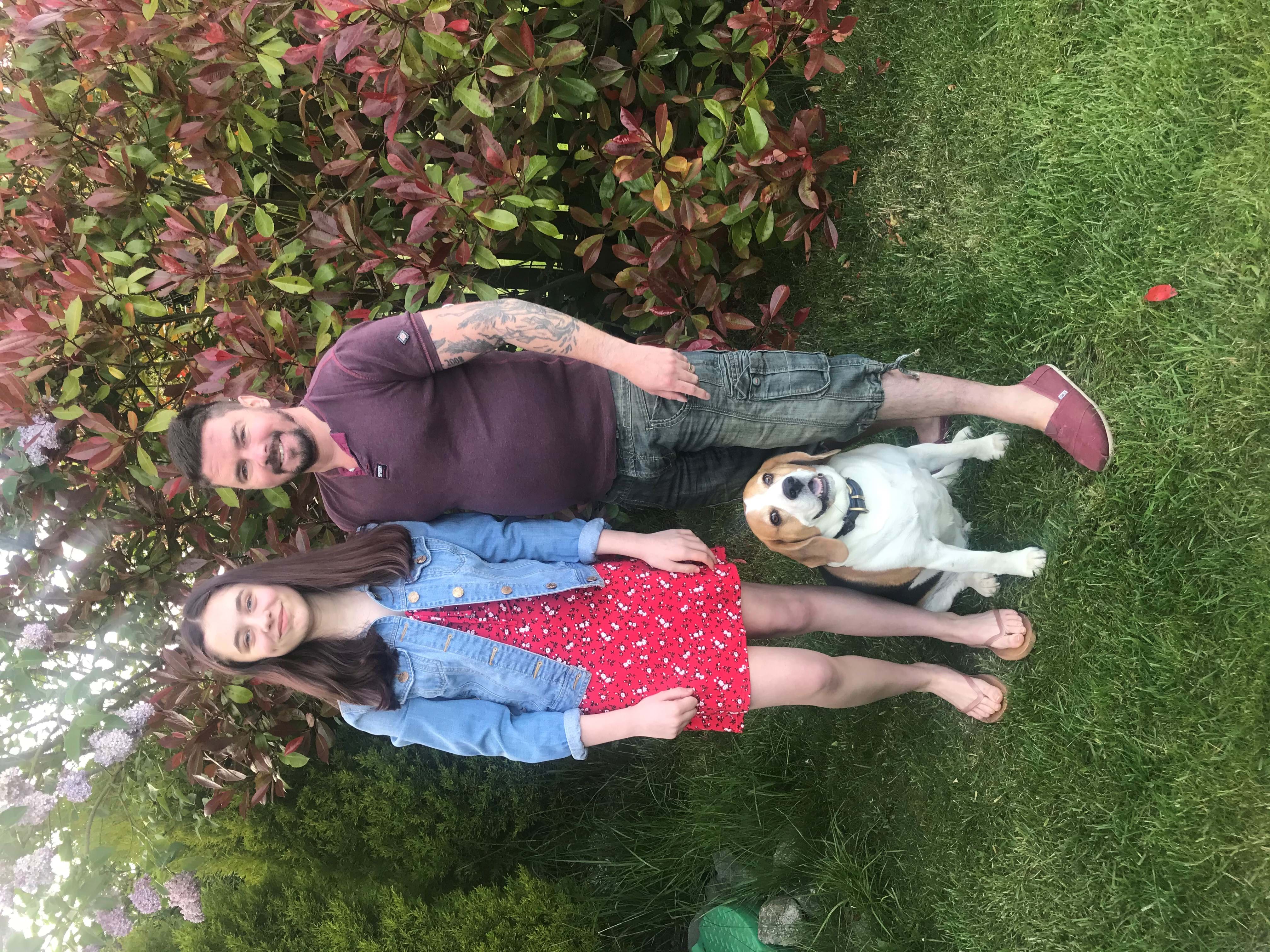 Ricky Carrott with his stepdaughter, Lydia, and his beagle, Louie.jpg